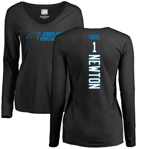Carolina Panthers Black Women Cam Newton Backer Slim Fit NFL Football #1 Long Sleeve T Shirt->women nfl jersey->Women Jersey
